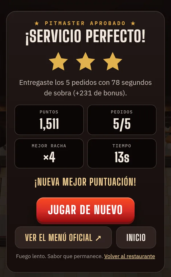 Pantalla de resultados de Brisket Rush con tres estrellas y el mensaje Servicio perfecto